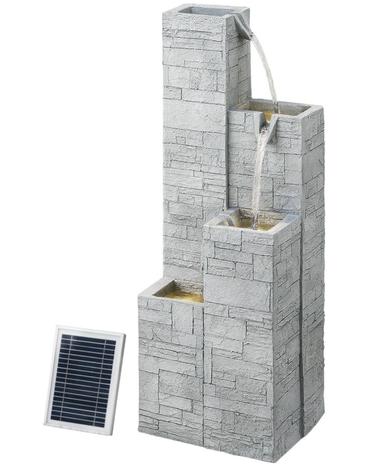 Solar-powered outdoor fountain with stone-like design on a white background