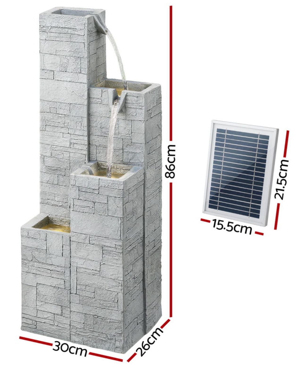 Outdoor water fountain with stone-like design and solar panel, shown with measurements.