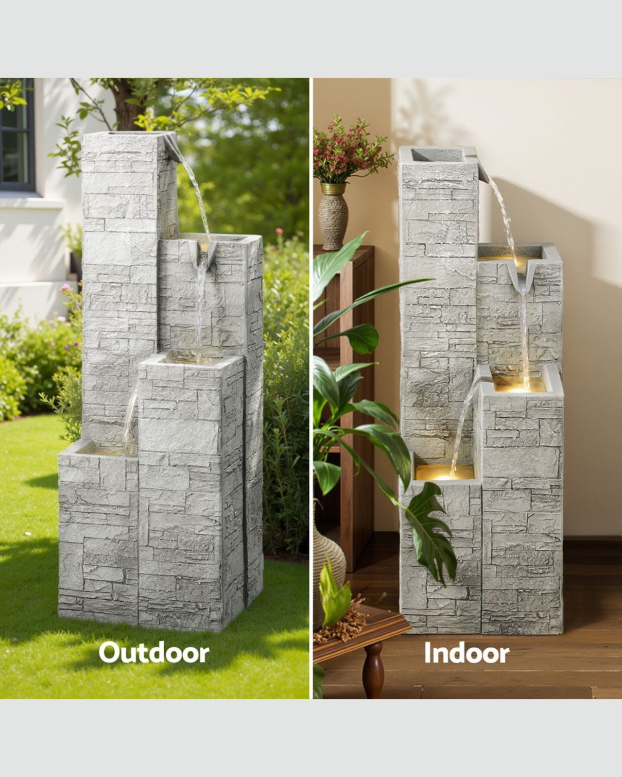 Faux stone water fountain shown outdoors and indoors with plants and decor.