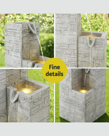Collage of a stone water feature with water flowing and lights inside, set against a natural background.