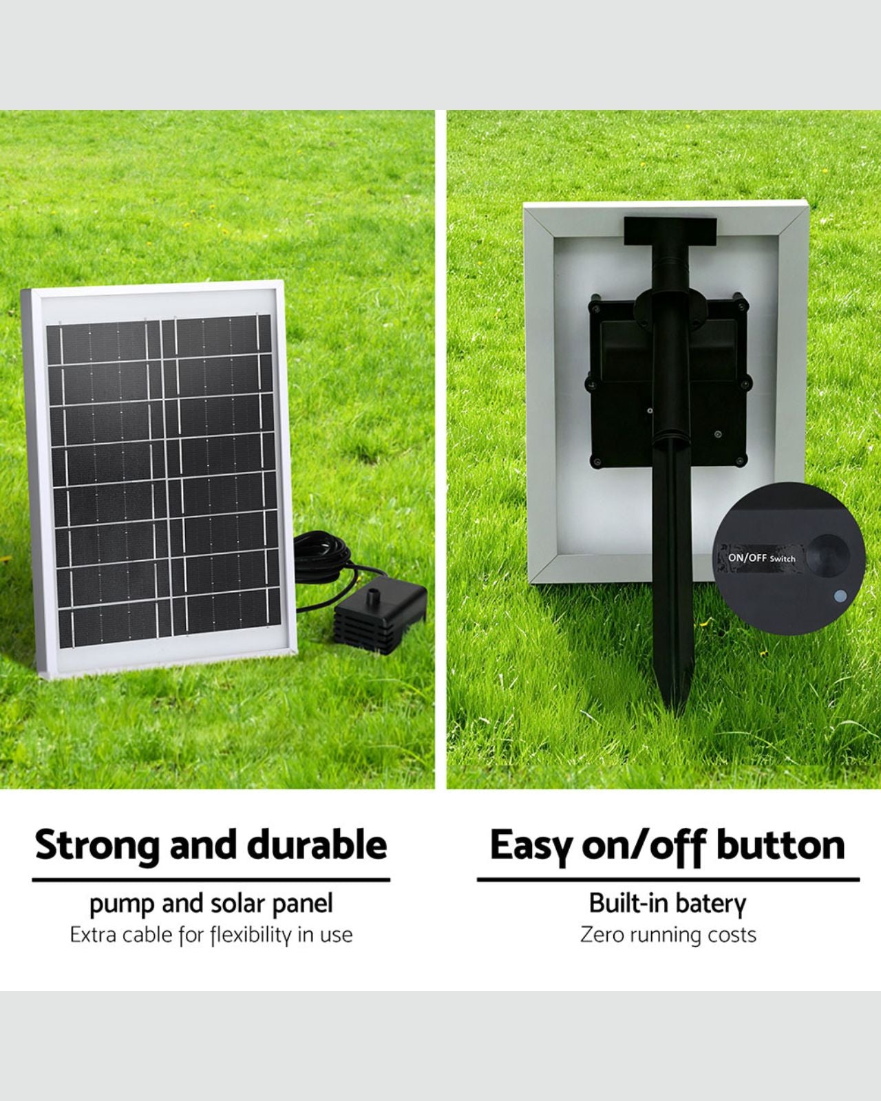 Solar panel and pump system on grass with text highlighting features of a water fountain