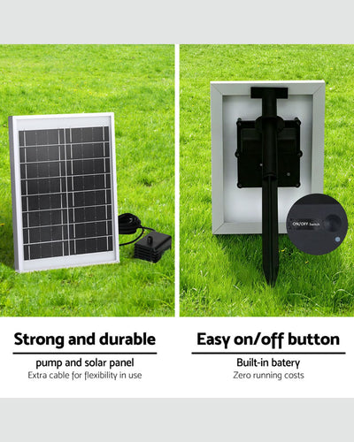 Solar panel and pump system on grass with text highlighting features of a water fountain