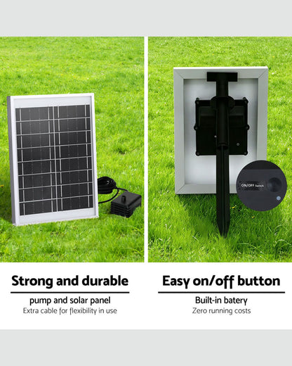 Solar panel and pump system on grass with text highlighting features of a water fountain