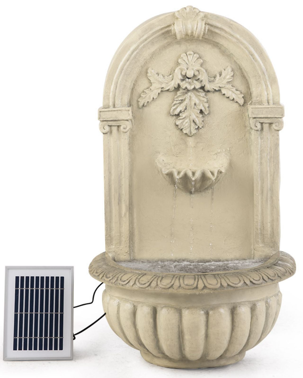 Decorative wall fountain with solar panel on a white background