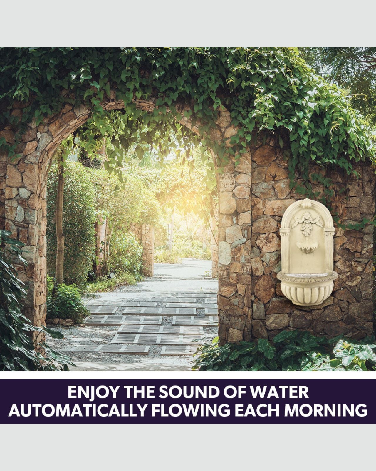 Stone archway with a water fountain surrounded by greenery, with text overlay.