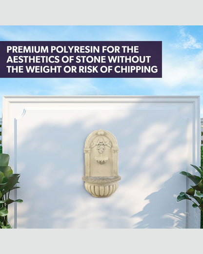 Decorative wall fountain with text about premium polyresin