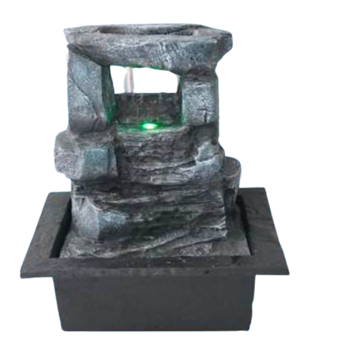 A small stone-look tabletop water fountain with a rectangular black base. 
