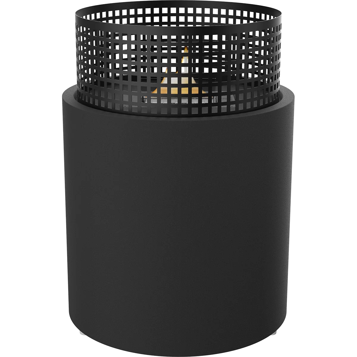 A modern black cylindrical outdoor Tenderflame fire pit with matte finish.