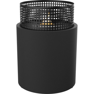 A modern black cylindrical outdoor Tenderflame fire pit with matte finish.