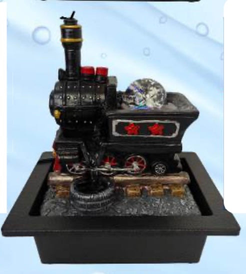 Decorative tabletop water fountain with vintage steam locomotive