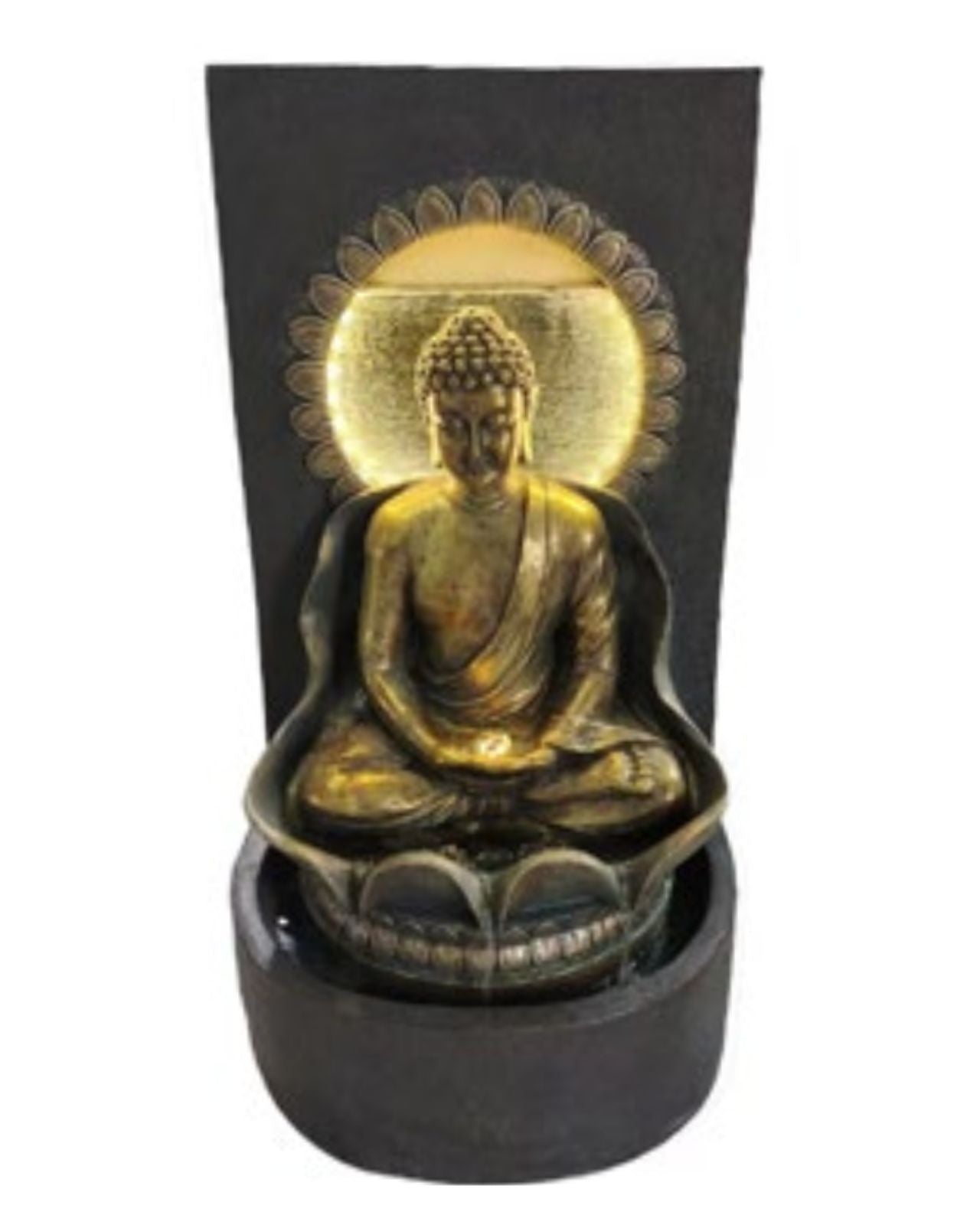 Decorative Lotus Glow Buddha fountain with a black base and gold detailing on a white background