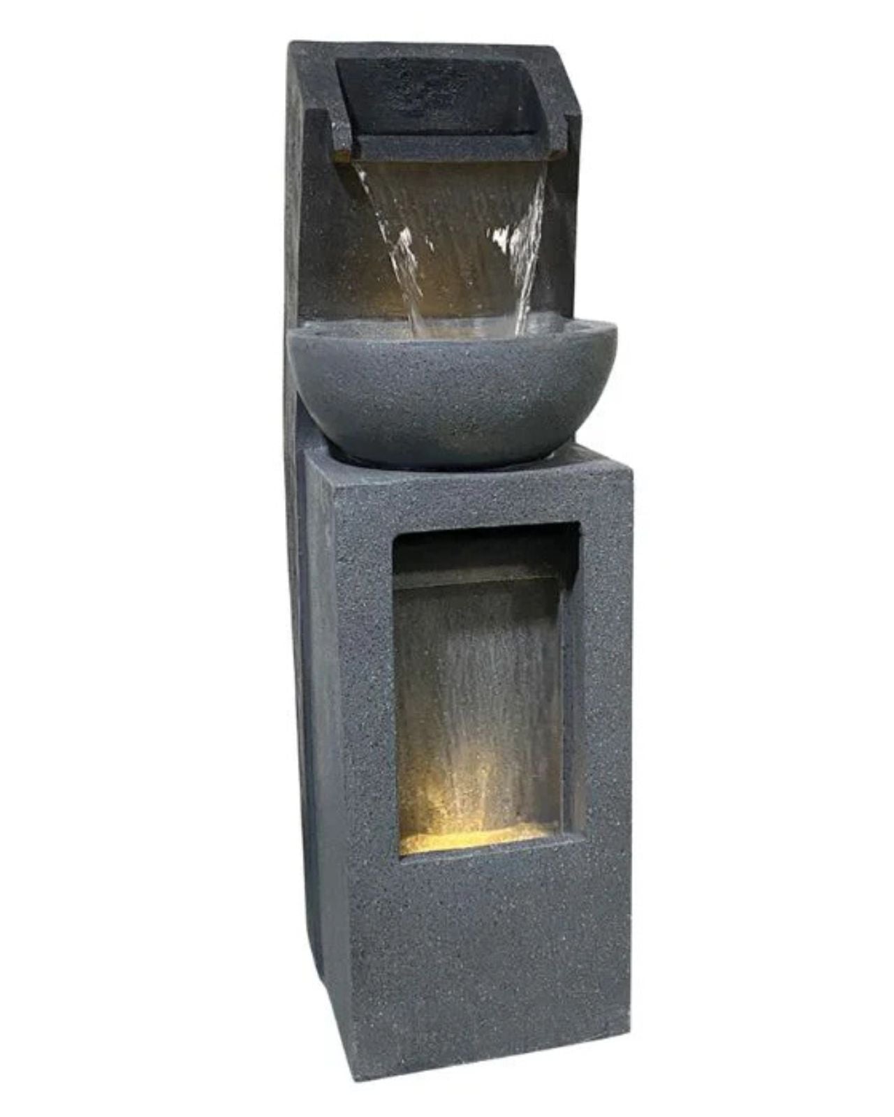 Outdoor water fountain with a bowl and square base on a white background