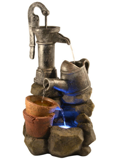 Hand Pump with Bowls & Rocks LED Light Water Feature 55cm
