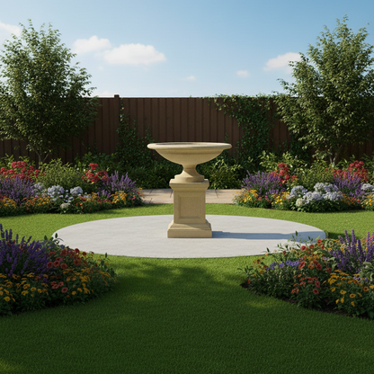 Stone urn water feature on a pedestal in a garden with flowers and trees