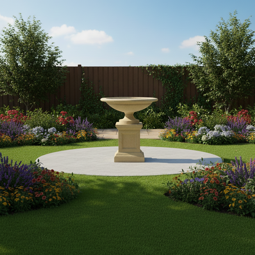 Stone urn water feature on a pedestal in a garden with flowers and trees