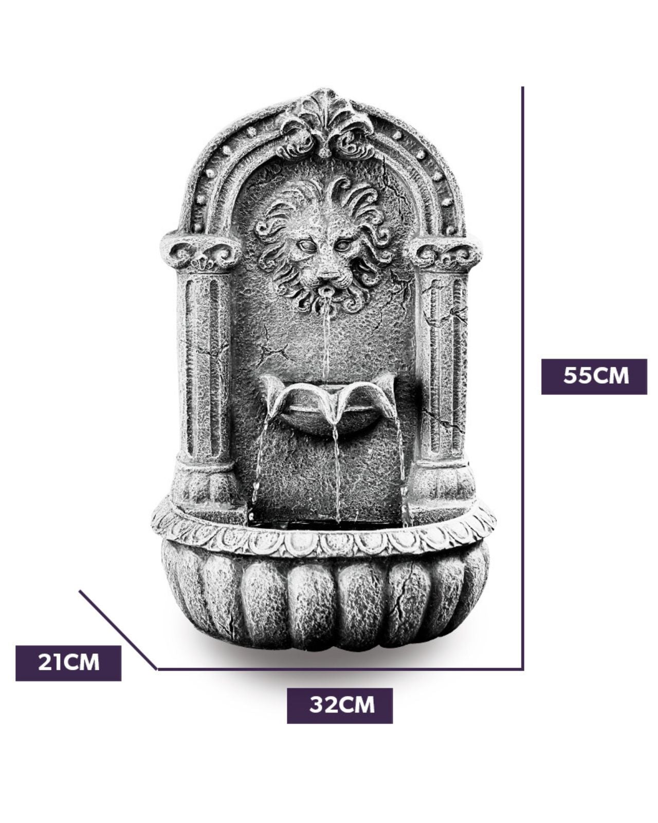 Decorative wall fountain with measurements on a white background