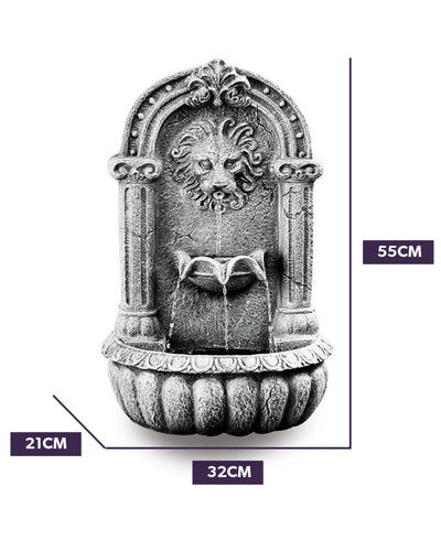 Decorative wall fountain with measurements on a white background