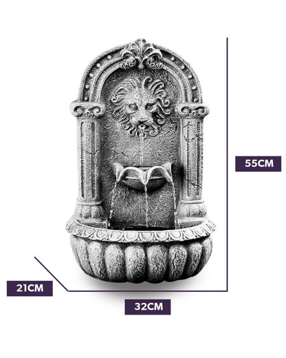 Decorative wall fountain with measurements on a white background