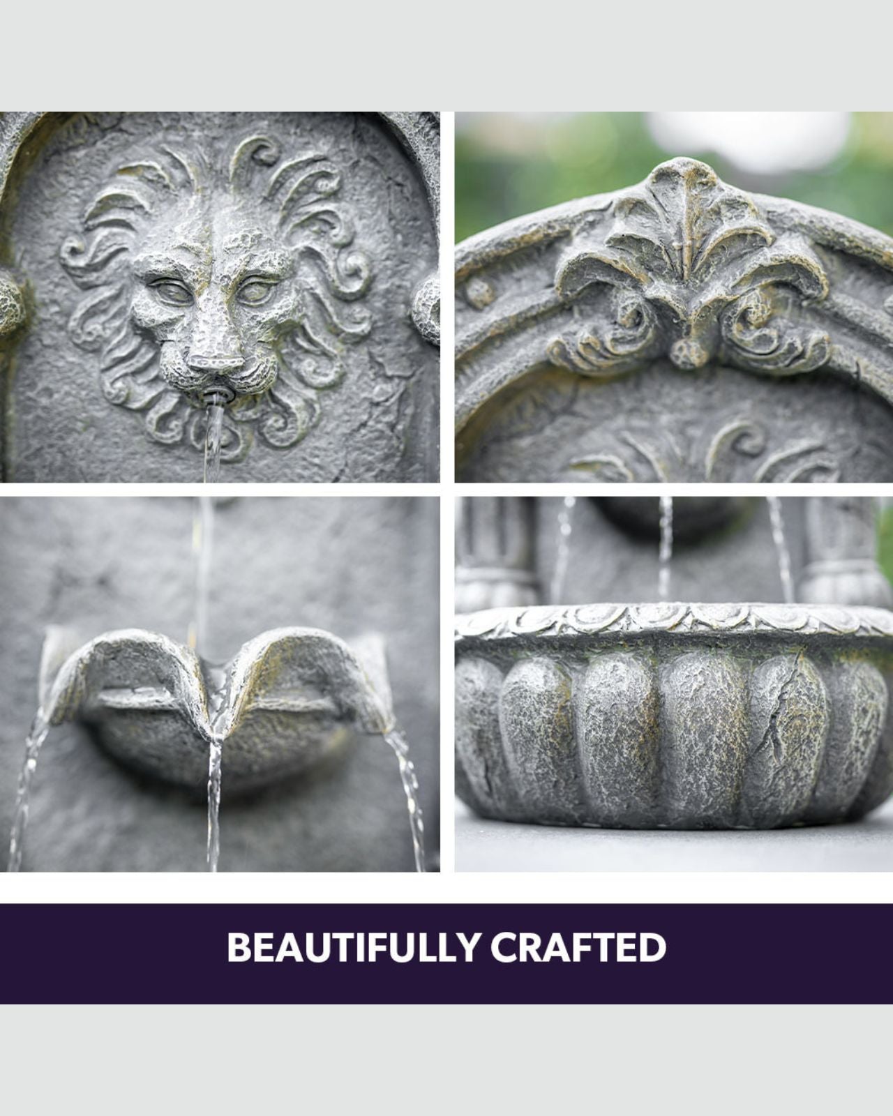 Collage of decorative fountain elements with 'BEAUTIFULLY CRAFTED' text.