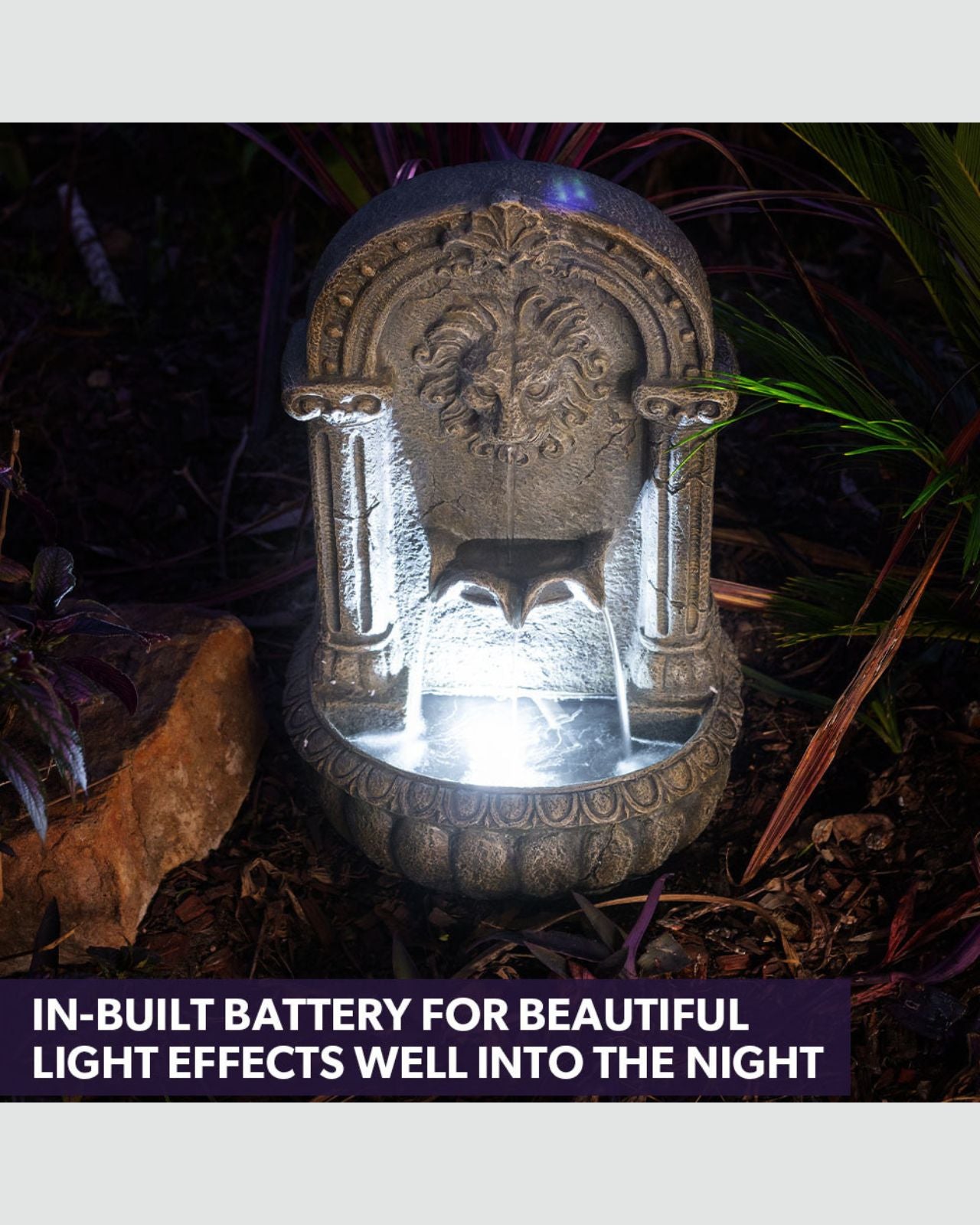 Decorative outdoor fountain with built-in battery for night-time lighting