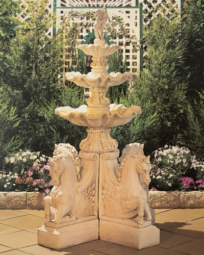 Vasca - Grand 3 Tier Concrete Cherub & Horse Outdoor Water Feature