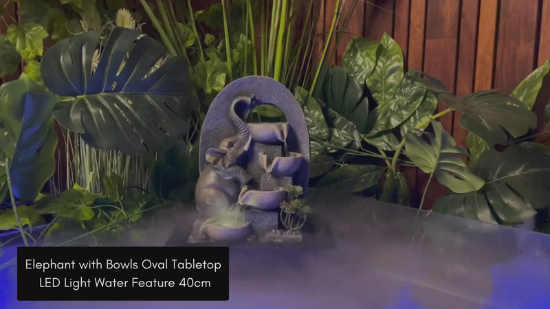 Elephant with Bowls Oval Tabletop LED Light Water Feature 40cm