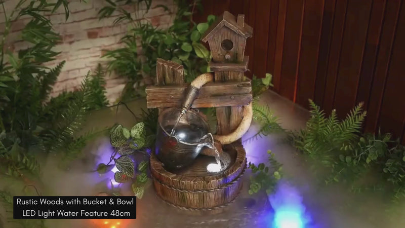 Rustic Woods with Bucket & Bowl LED Light Water Feature 48cm