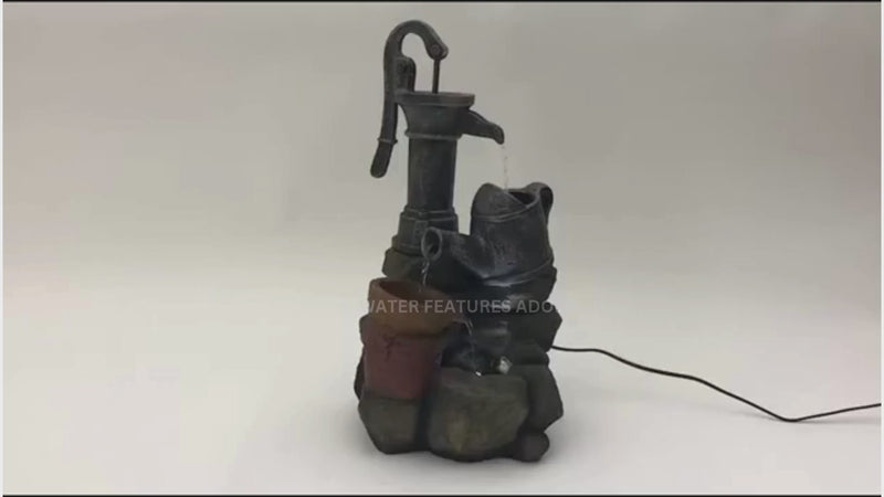 Hand Pump with Bowls & Rocks LED Light Water Feature 55cm
