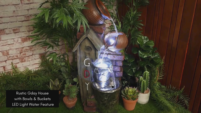 Rustic Gday House with Bowls & Buckets LED Light Water Feature