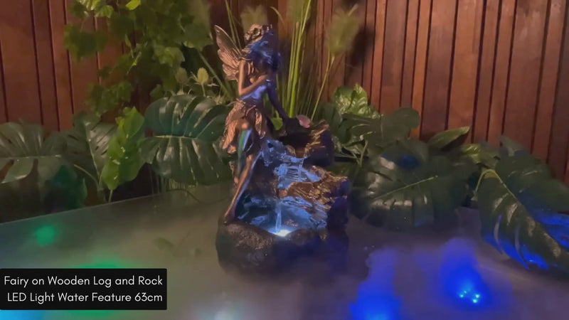 Fairy on Wooden Log and Rock LED Light Water Feature 63cm