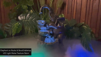 Elephant on Rocks & Bowls LED Light Water Feature 56cm