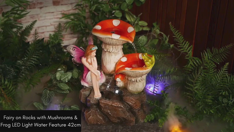 Fairy on Rocks with Mushrooms & Frog LED Light Water Feature 42cm