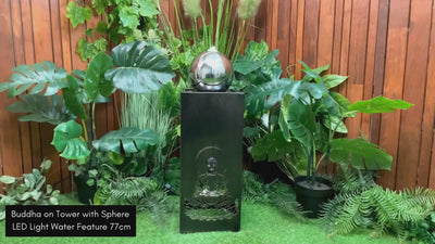 Buddha on Tower with Sphere LED Light Water Feature 77cm