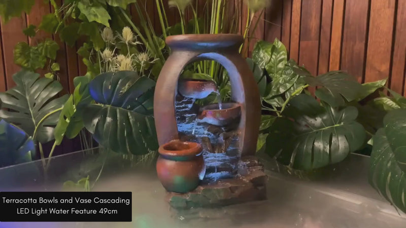 Terracotta Bowls and Vase Cascading LED Light Water Feature 49cm