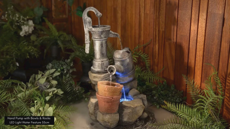 Hand Pump with Bowls & Rocks LED Light Water Feature 55cm