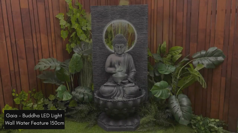 Gaia - Large Buddha LED Light Wall Water Feature 150cm front video