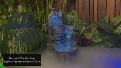 Birds with Wooden Logs Buckets Tap Water Feature 50cm