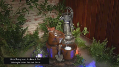 Hand Pump with Buckets & Bird LED Light Water Feature 54cm