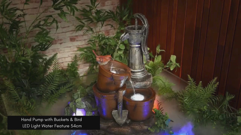Hand Pump with Buckets & Bird LED Light Water Feature 54cm