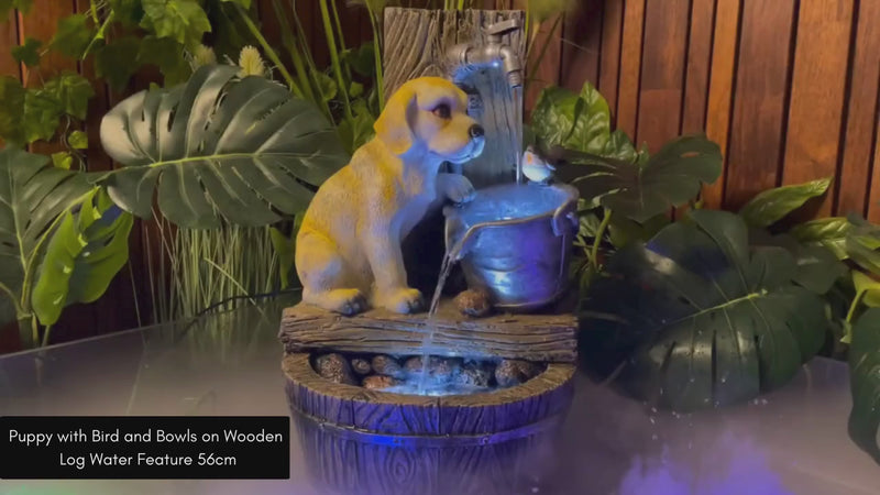 Puppy with Bird and Bowls on Wooden Log Water Feature 56cm
