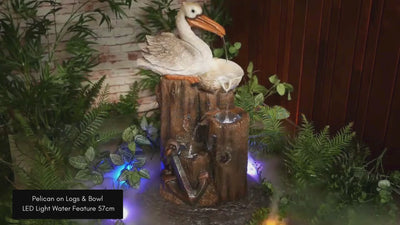 Pelican on Logs & Bowl LED Light Water Feature 57cm