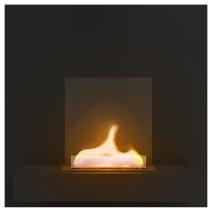 Modern fireplace with a glass cover on a black background